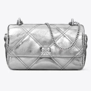 Tory Burch Kira Diamond Quilt Metallic Silver Mini Flap Bag